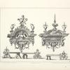 Five designs for towel-racks, one with figure of woman holding transverse bar