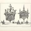 Five designs for towel-racks, one with figures of woman and two children holding pitchers