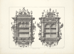 Two designs for unit of shelves with arches dividing the shelves