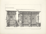 Two designs for tables with large bases with carved panels and columns with busts of women with folded arms