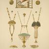 1, 2, 4 et 5. Boutons, or, émail et pierres. 3. Boucle de ceinture, or et émail champlevé, plaques de perle et topazes brûlées. [...]