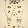 1 et 2. Épingles, or, rubis clair et perle. 3. Plaque de cou, émaux translucides, améthystes taillées et brillants en pavage. [...]