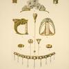 1 et 2. Boutons, or, rubis clairs et opale. 3. Diadème, or, émaux translucides, perles et saphirs clairs, [...]