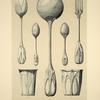 1. Cuillière. 2. Fourchette. 3 et 4. Petites cuillières. 5 et 6. Timbales. 7. Louche.