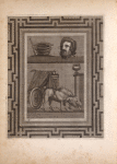 Mosaic depicting mortar and pestle, man's head, and animal-drawn cart.