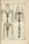 Four fountains with multi-directional spouts on several levels and several central shapes.