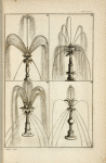 Four fountains with multi-directional spouts on several levels and several central shapes