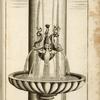 Fountain with central figures of three dolphins, multiple spouts, and basin encircling the fountain column