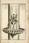 Fountain with central figures of three dolphins, multiple spouts, and basin encircling the fountain column.
