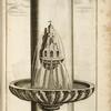 Fountain with central shape of castle, multiple spouts, and basin decorated with vegetal designs encircling the fountain column