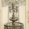 Fountain with small scalloped basin; multiple spouts from central column end in vegetal shapes.