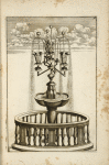 Fountain with small scalloped basin; multiple spouts from central column end in vegetal shapes.