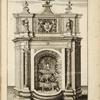 Fountain structure comprised of columns, piers, and sculpted figures, enclosing a small grotto