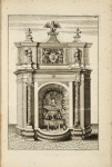 Fountain structure comprised of columns, piers, and sculpted figures, enclosing a small grotto.