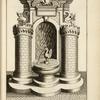 Fountain structure comprised of two brick towers, a central arch and basin, and three sculpted wyverns, one of which is the single spout