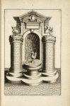 Fountain structure comprised of two brick towers, a central arch and basin, and three sculpted wyverns, one of which is the single spout.