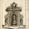 Small grotto containing figures of a nude man and a dog with a basin of water; includes side and top sculpted cherubs
