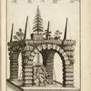 Fountain covered by canopy of four arches; each corner supports an obelisk, canopy supports a tree