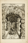 Grotto with sculpture of young boy and two dogs.