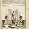 Fountain with central sculpture of a partially nude woman; vases placed at each corner .