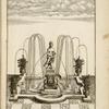 Fountain with central sculpture of a partially nude woman; vases placed at each corner
