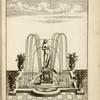 Fountain with central sculpture of nude woman; vases placed at each corner