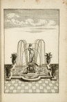 Fountain with central sculpture of nude woman; vases placed at each corner.
