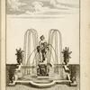 Fountain with central sculpture of Venus and Cupid; vases placed at each corner.