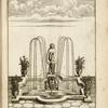 Fountain with central sculpture of nude woman holding her foot; vases placed at each corner.