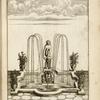 Fountain with central sculpture of nude woman holding her foot; vases placed at each corner