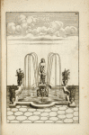 Fountain with central sculpture of nude woman holding her foot; vases placed at each corner.