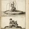 Two fountain sculptures; one with nude boy holding two snakes, one with nude youth and dolphin on a rock.