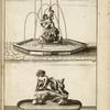 Two fountain sculptures; one with nude boy holding two snakes, one with nude youth and dolphin on a rock