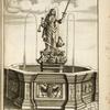 Fountain with central sculpture of allegorical figure of Justice and stork.
