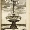 Fountain with large basin on a base with central column and statue of a cherub with a flag and shield.