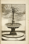 Fountain with large basin on a base with central column and statue of a cherub with a flag and shield.