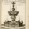 Fountain with central basin on large carved pedestal and sculptures of cherubs and animals