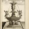 Multi-level fountain with sculptures of cherubs with urns and animal heads.