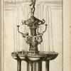 Multi-level fountain with scalloped basin and sculptures of sea gods blowing horns, and cherub shooting an arrow