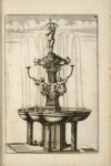Multi-level fountain with scalloped basin and sculptures of sea gods blowing horns, and cherub shooting an arrow
