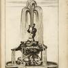Fountain with sculptures of dolphins and sea god holding a shell which forms the central vertical spout