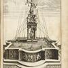 Fountain with elaborate central column with sculpture and inscription of Caritas, and sculpture of Justice