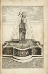 Fountain with elaborate central column with sculpture and inscription of Caritas, and sculpture of Justice
