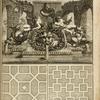 Fountain with sculptures of nude men, dolphins, and demonic face; two garden plans