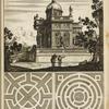View of large domed structure with statues and fountain; two garden plans