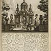 View of large architectural canopy structure with dome, sculptures of male and female figures, and fountains; two garden plans