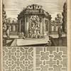 View of large architectural structure containing fountain with sculpture of nude man sitting on rock; two garden plans