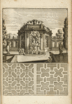 View of large architectural structure containing fountain with sculpture of nude man sitting on rock; two garden plans.
