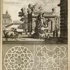 [View of canal containing large fountain with sculpture of Hercules and the hydra [?]; two garden plans.]
