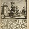 View of large fountain with sculptures of Poseidon holding a triton with several horses; two garden plans